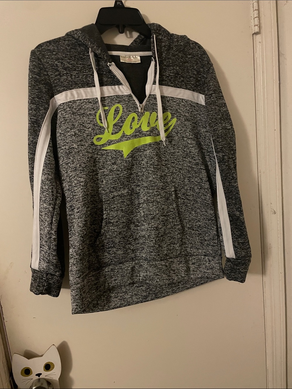 Love Script Half-Zip Hoodie Sweater - Gray with Lime Accent
